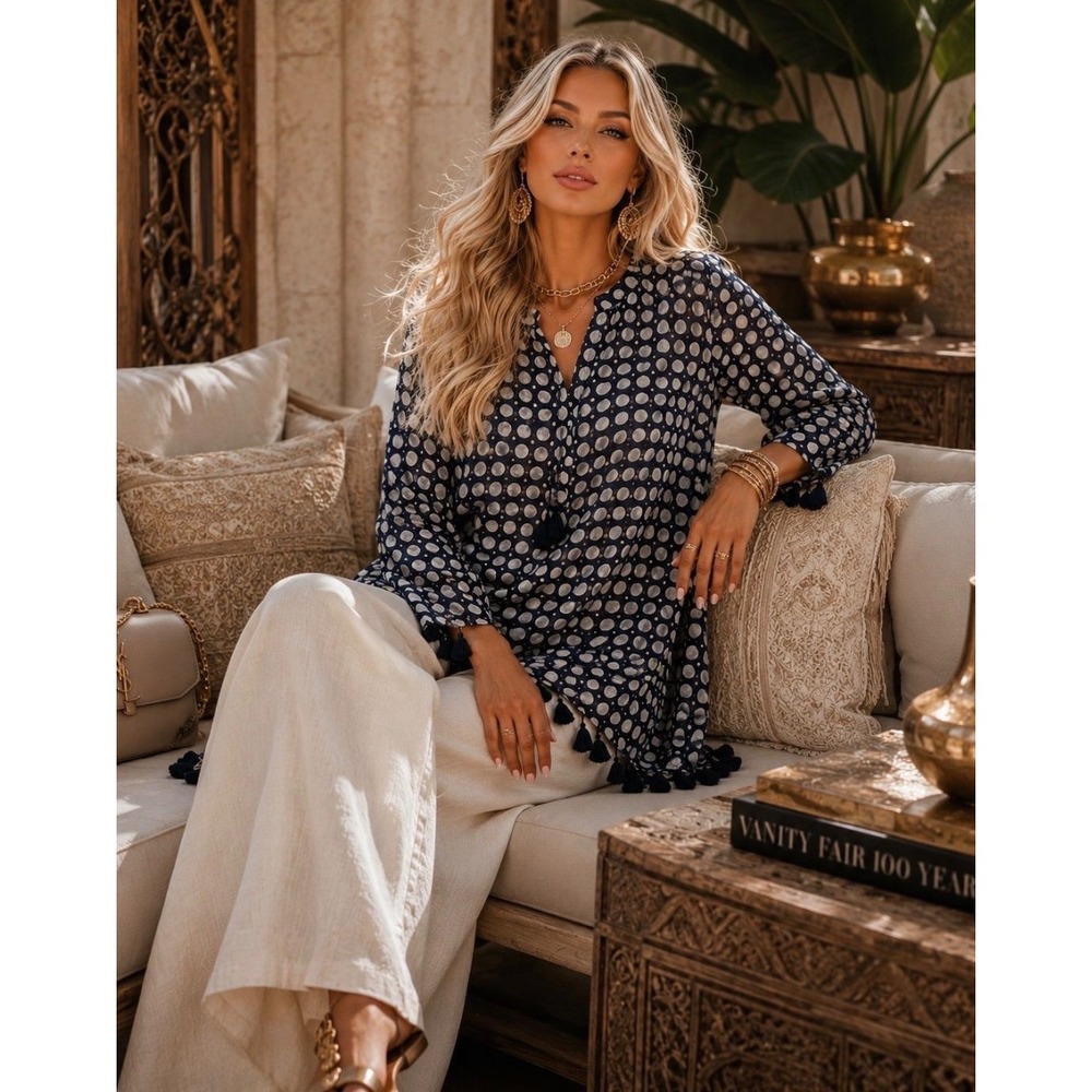 Figue Navy White Polka Dot Silk Tassel Tunic Top Womens Large Boho Beach Coverup